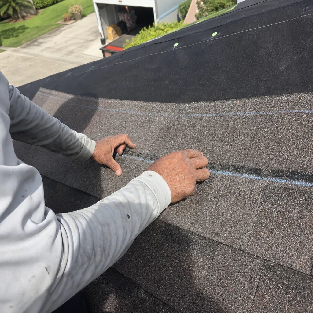 Professional roofer installing new asphalt shingles on a residential roof