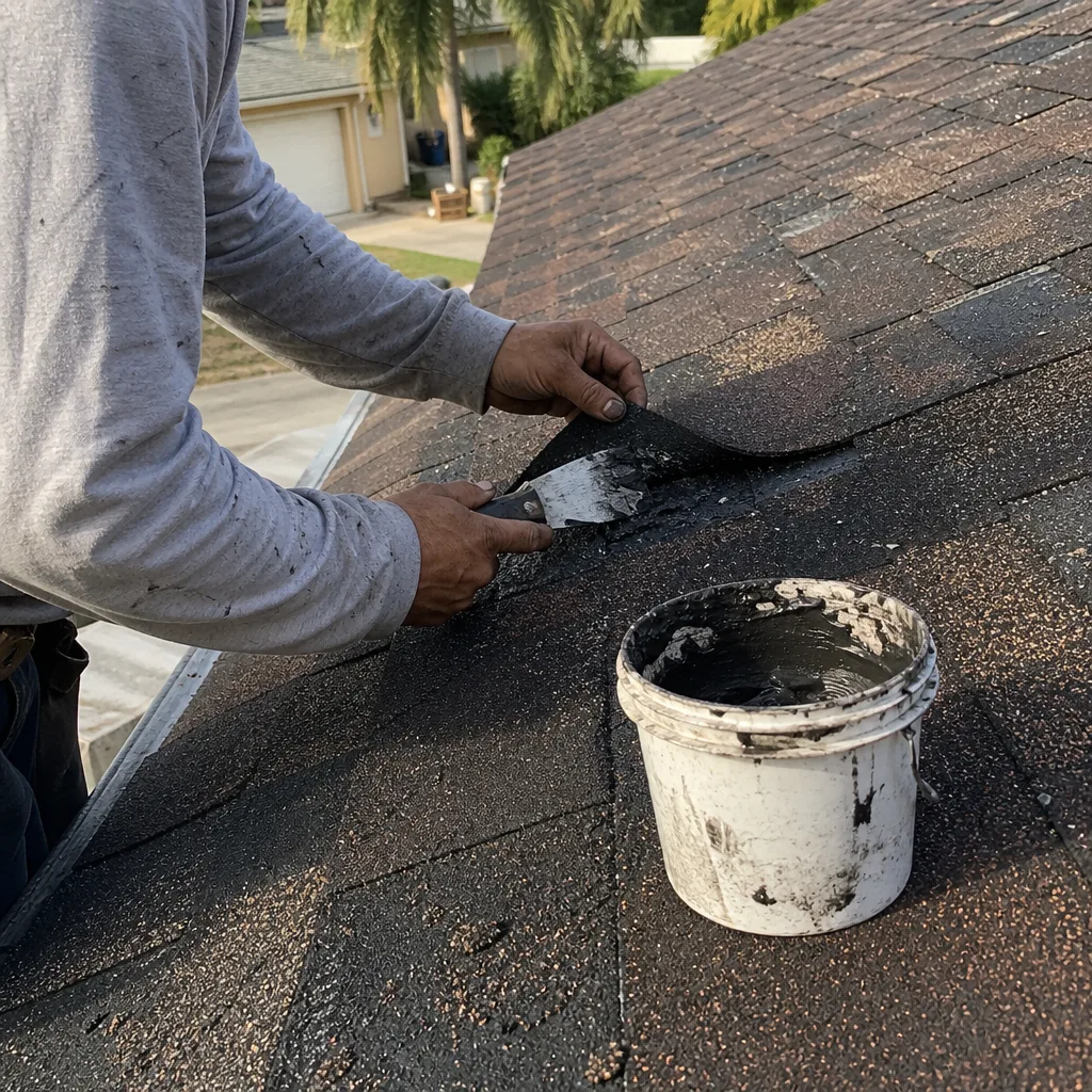 Contractor applying roof sealant to shingles during a professional repair job