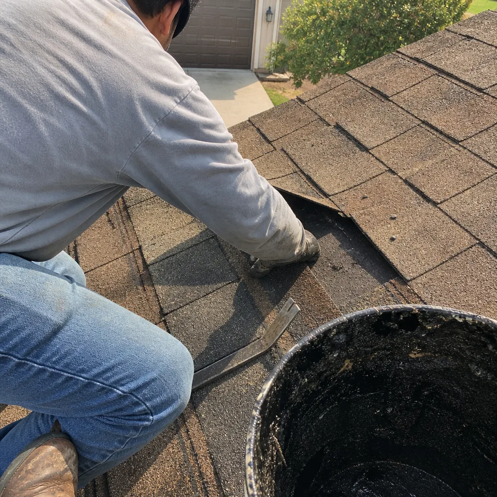 Roofing professional performing a shingle repair on a residential roof