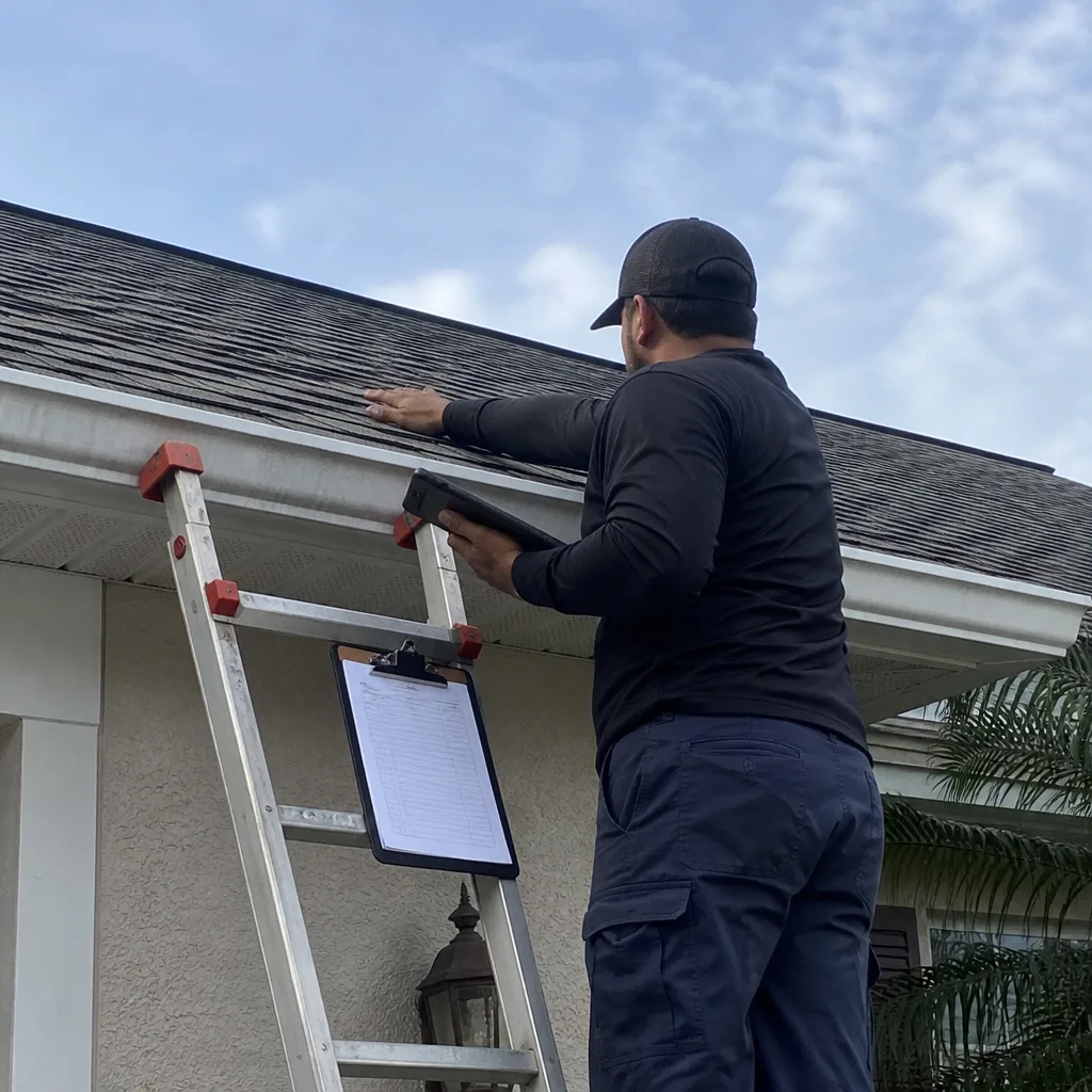 Roofing professional inspecting residential shingles on a ladder with a tablet