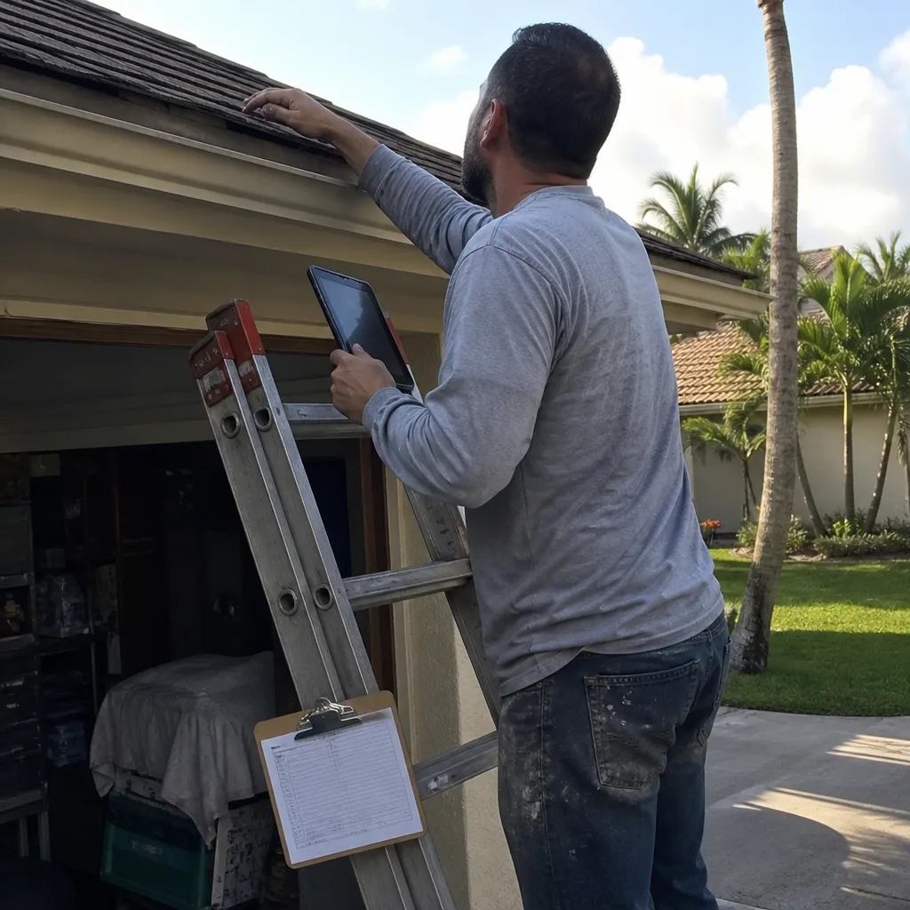 Roofing professional inspects roof edge using tablet and ladder
