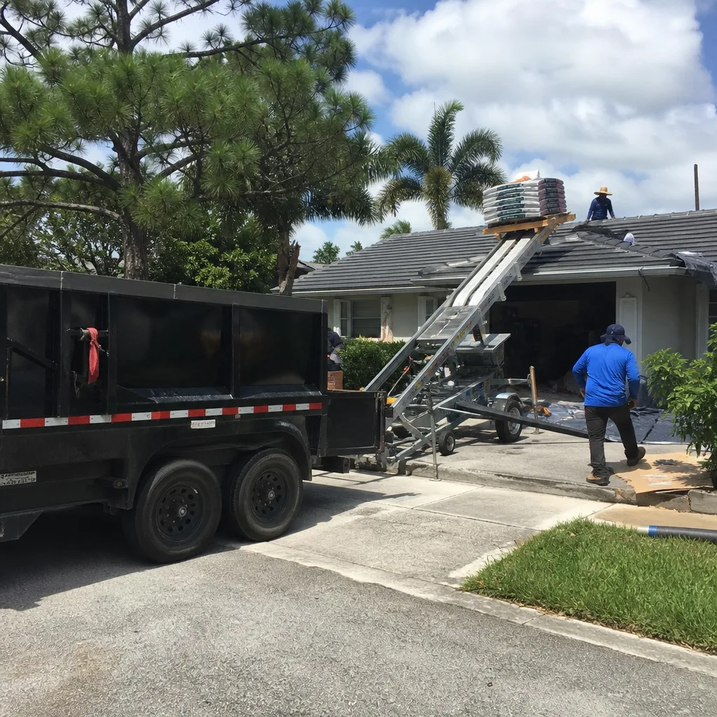Roofing crew using a shingle conveyor lift on a residential home